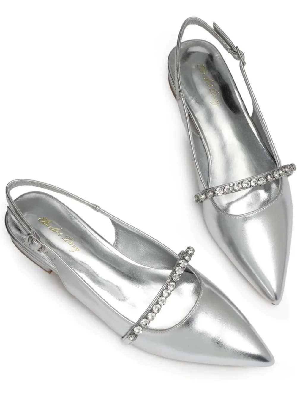 Women's Silver Soft Slingback Flats With Rhinestone Pointed Toe Backstrap Shoes
